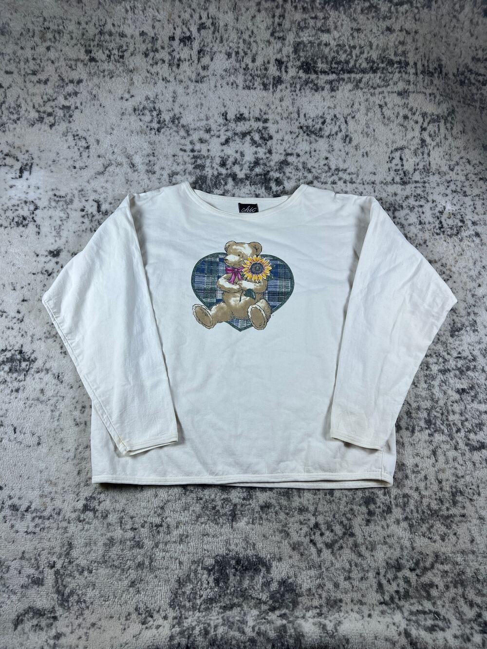 Vintage White Teddy Bear Crewneck Womens XL Sunflower Plaid Heart Graphic